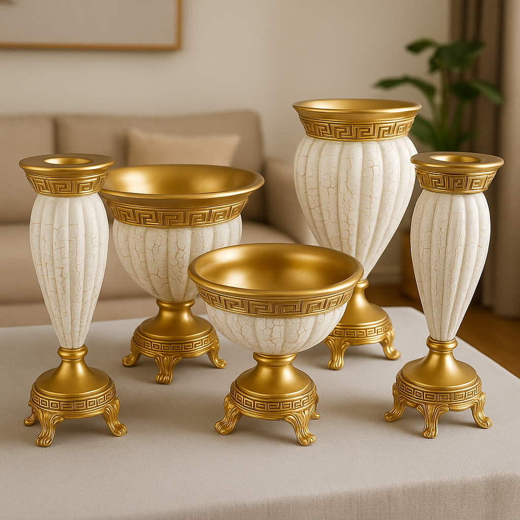 Krem Altın Polyester 5’li Salon Vazo Takımı