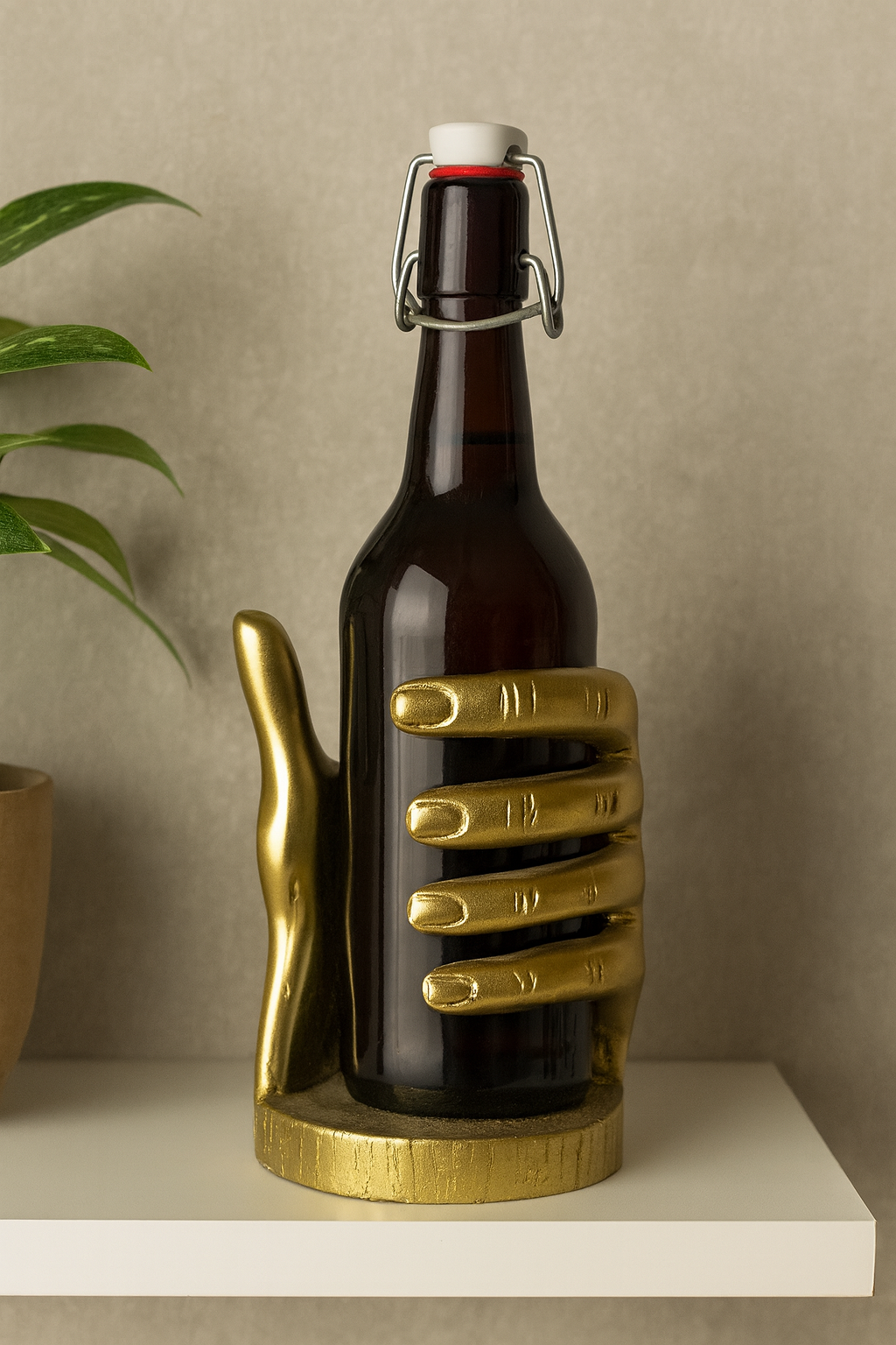 El Dekoratif Şişelik 14x20 cm – Polyester Şişe Tutucu Altın Renk