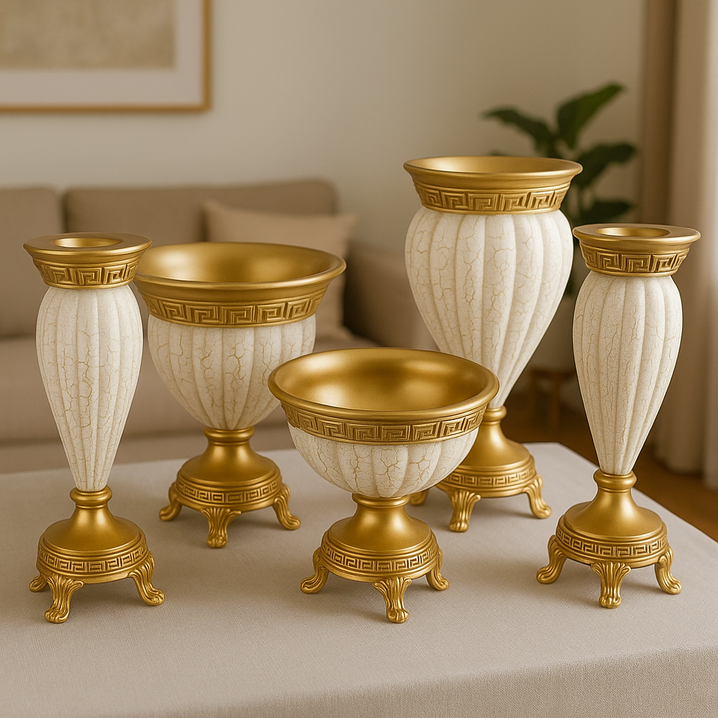 Krem Altın Polyester 5’li Salon Vazo Takımı