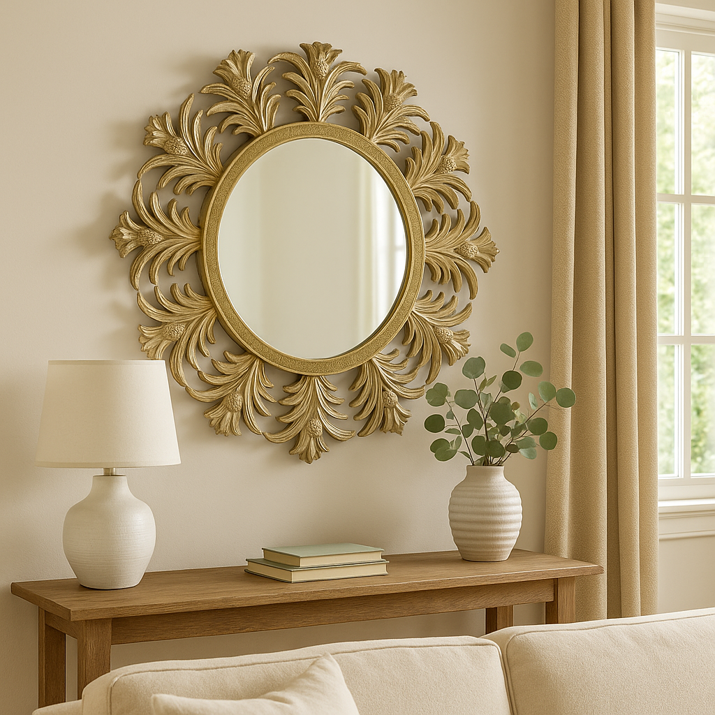 Ananas Desenli Yuvarlak Ayna Bronz – 65x65 cm Dekoratif Duvar Aynası