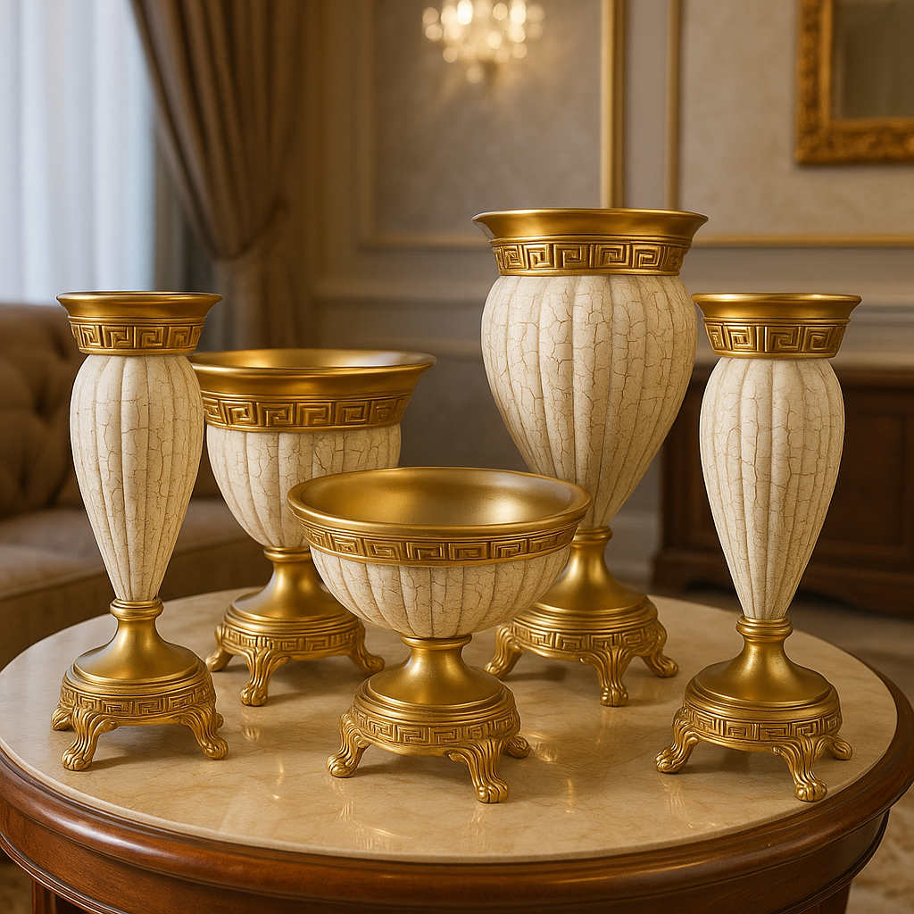 Krem Altın Polyester 5’li Salon Vazo Takımı