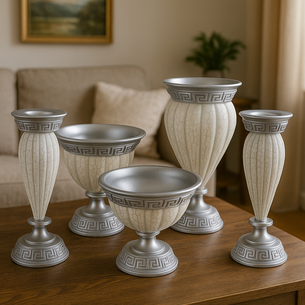 Krem Gümüş Polyester 5’li Salon Vazo Takımı