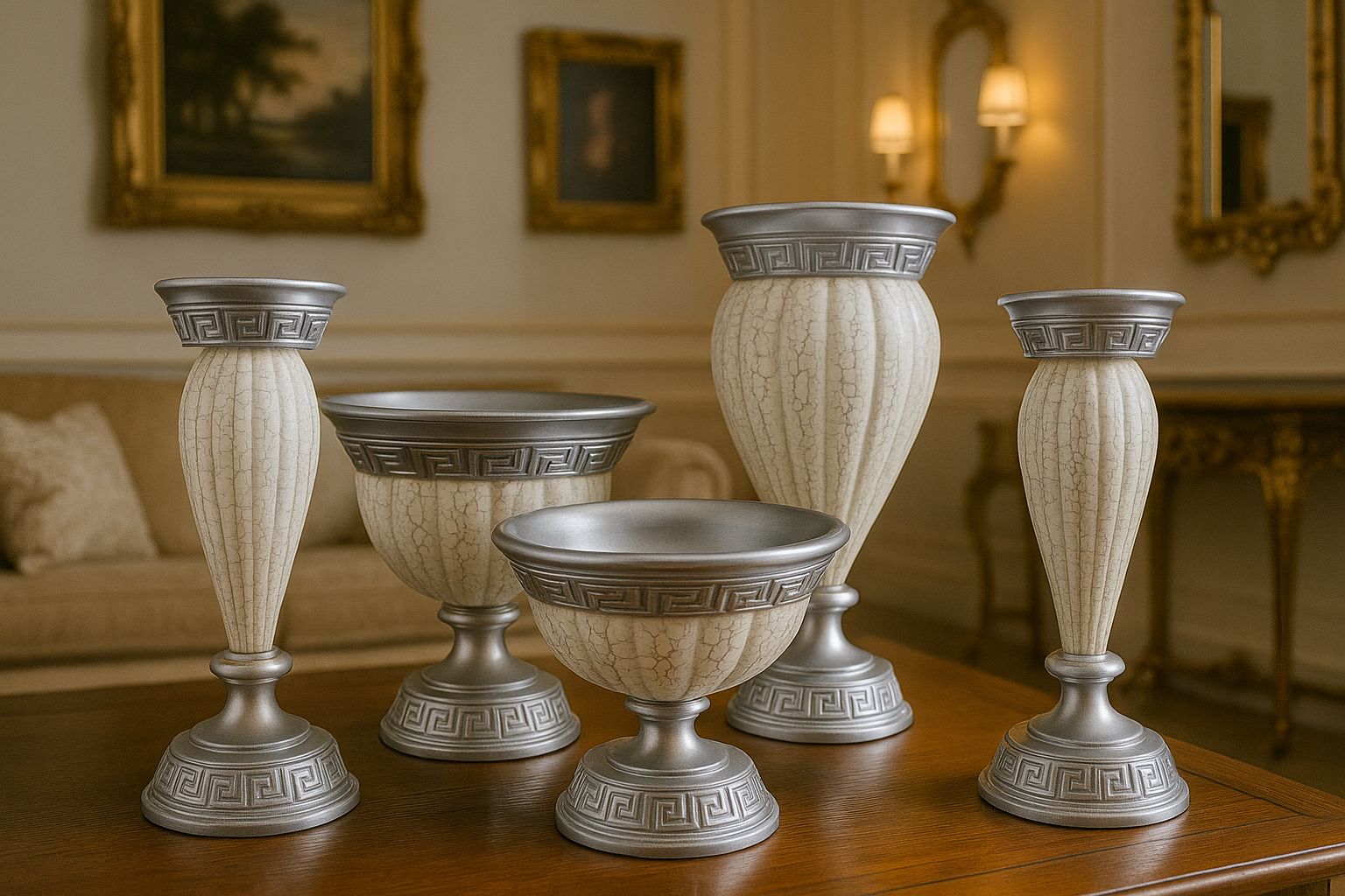 Krem Gümüş Polyester 5’li Salon Vazo Takımı