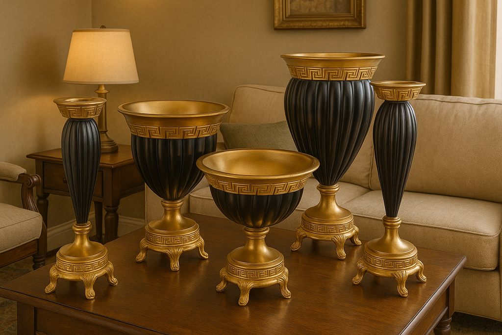 Siyah Altın Polyester 5’li Salon Vazo Takımı