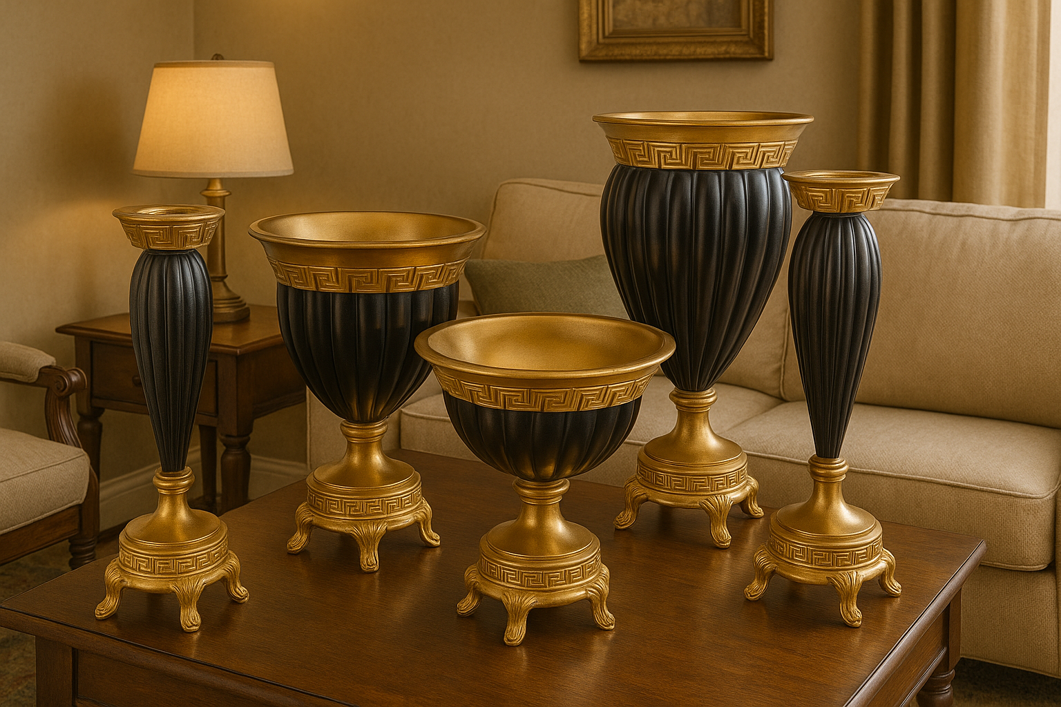 Siyah Altın Polyester 5’li Salon Vazo Takımı