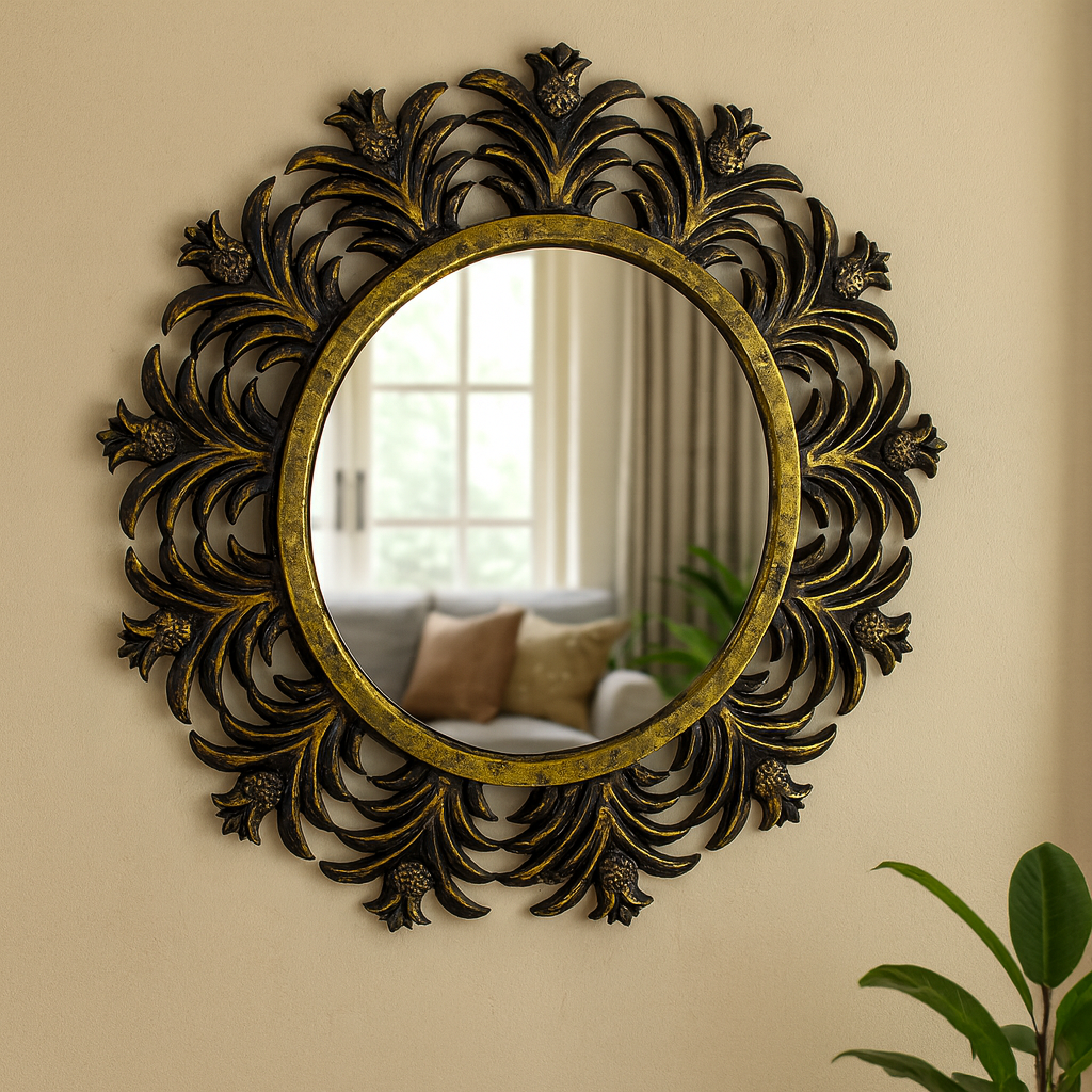 Ananas Desenli Yuvarlak Ayna Siyah – 65x65 cm Dekoratif Duvar Aynası