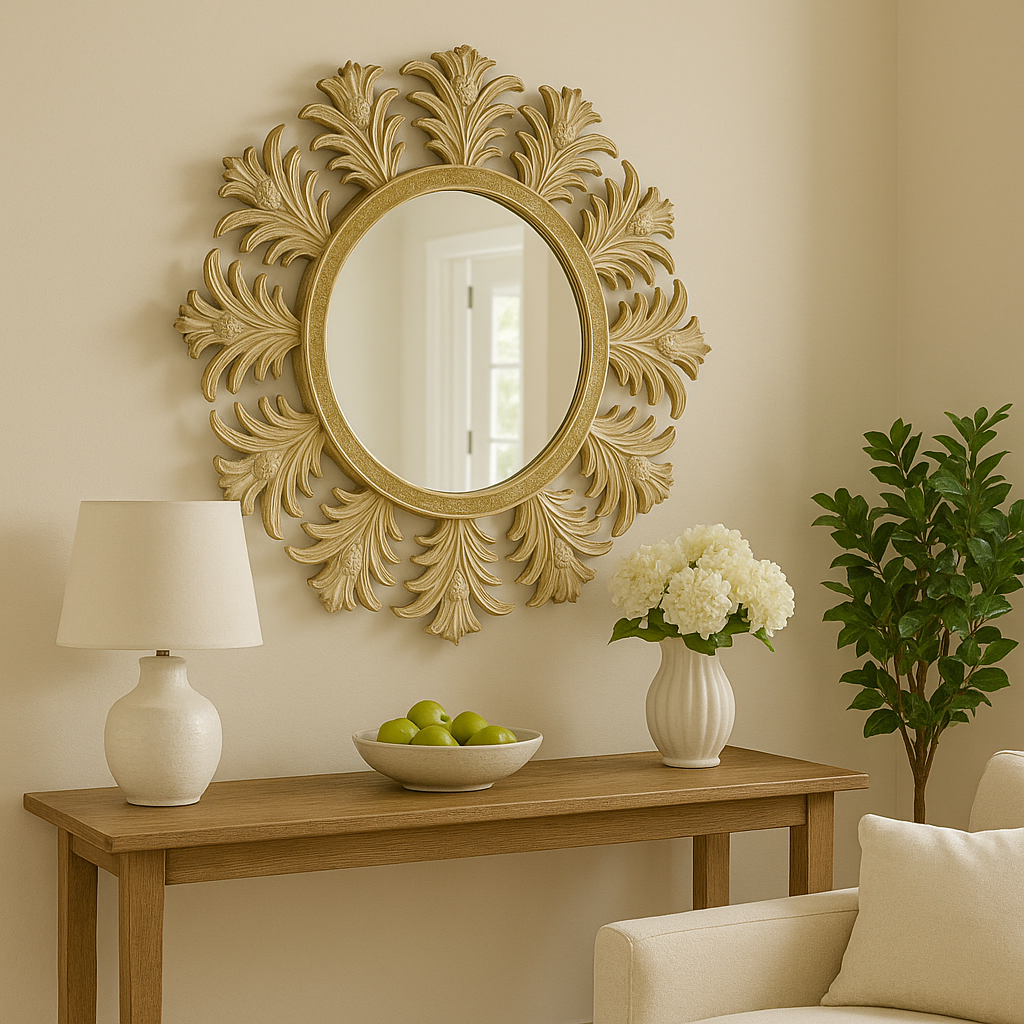 Ananas Desenli Yuvarlak Ayna Bronz – 65x65 cm Dekoratif Duvar Aynası