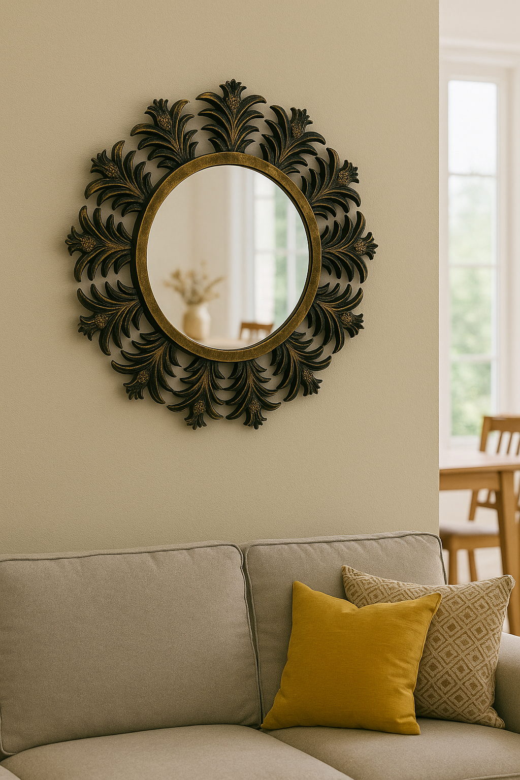 Ananas Desenli Yuvarlak Ayna Siyah – 65x65 cm Dekoratif Duvar Aynası