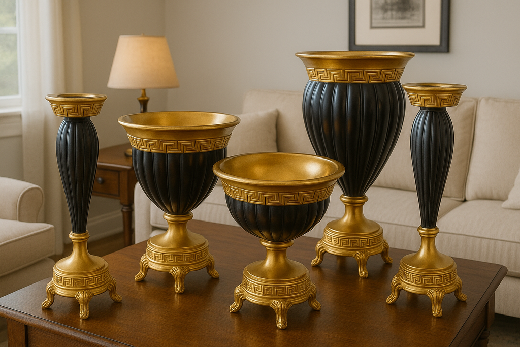 Siyah Altın Polyester 5’li Salon Vazo Takımı