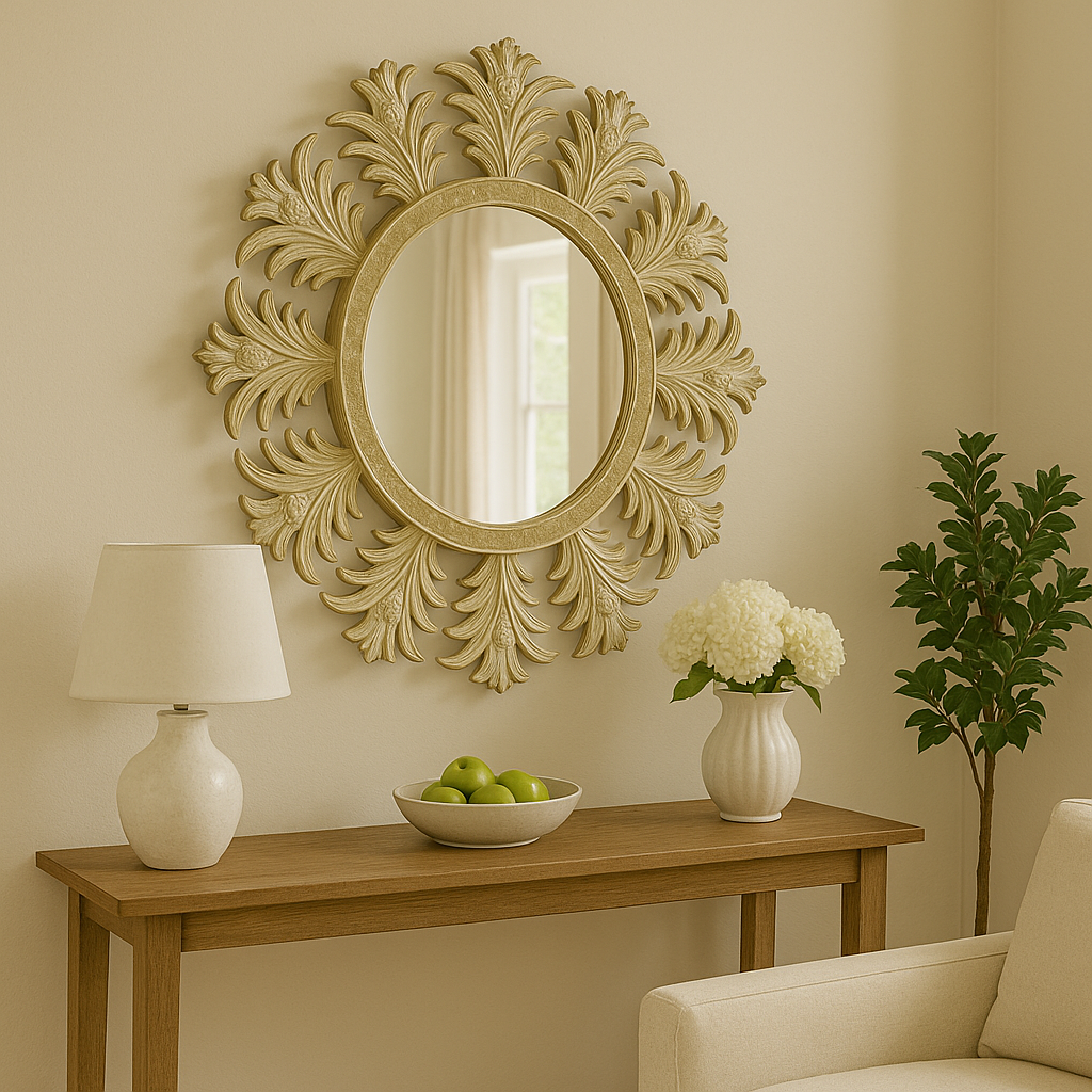 Ananas Desenli Yuvarlak Ayna Bronz – 65x65 cm Dekoratif Duvar Aynası