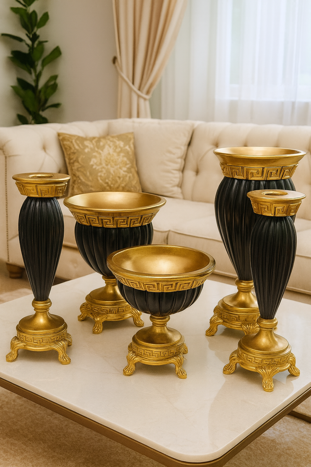 Siyah Altın Polyester 5’li Salon Vazo Takımı