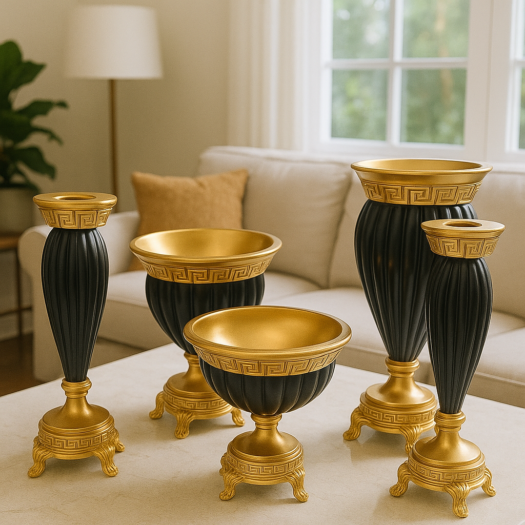 Siyah Altın Polyester 5’li Salon Vazo Takımı