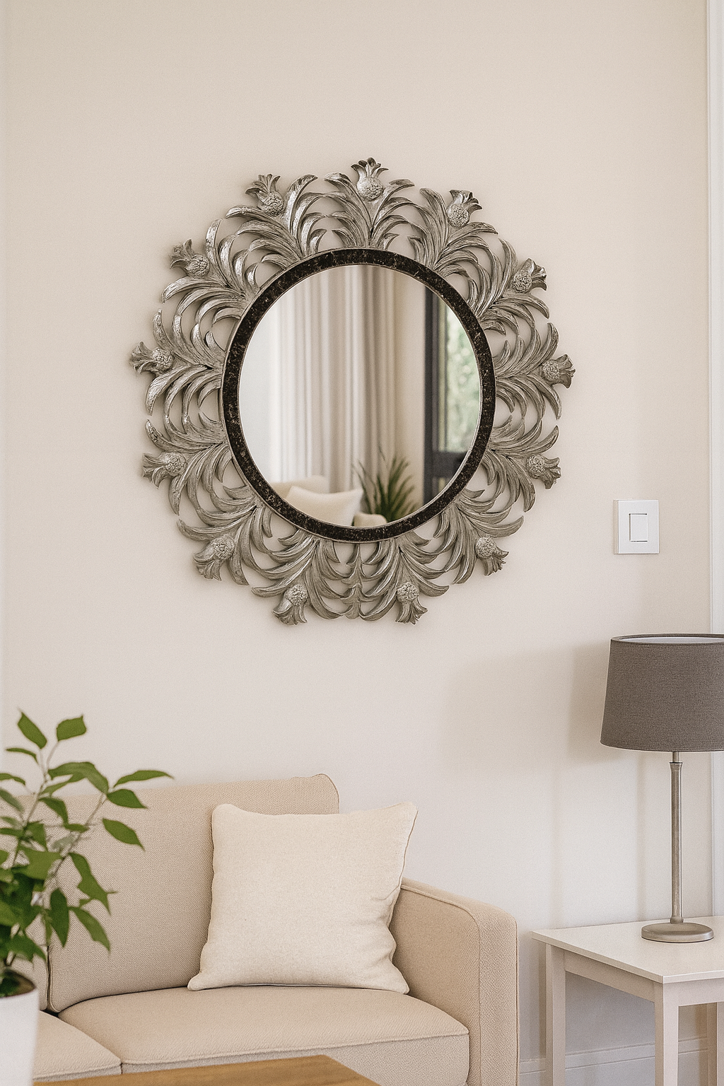 Ananas Desenli Yuvarlak Ayna Gümüş – 65x65 cm Dekoratif Duvar Aynası