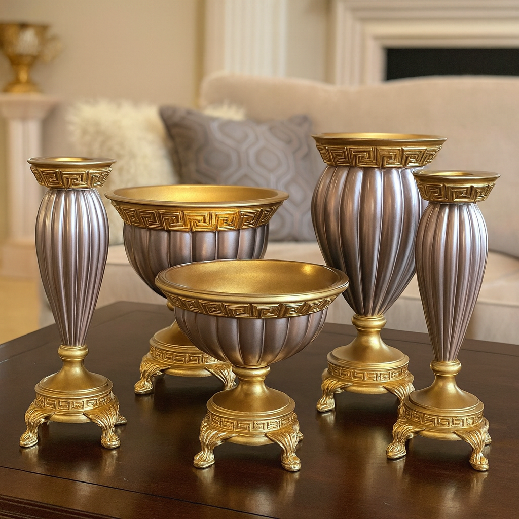 Gri Altın Polyester 5’li Salon Vazo Takımı