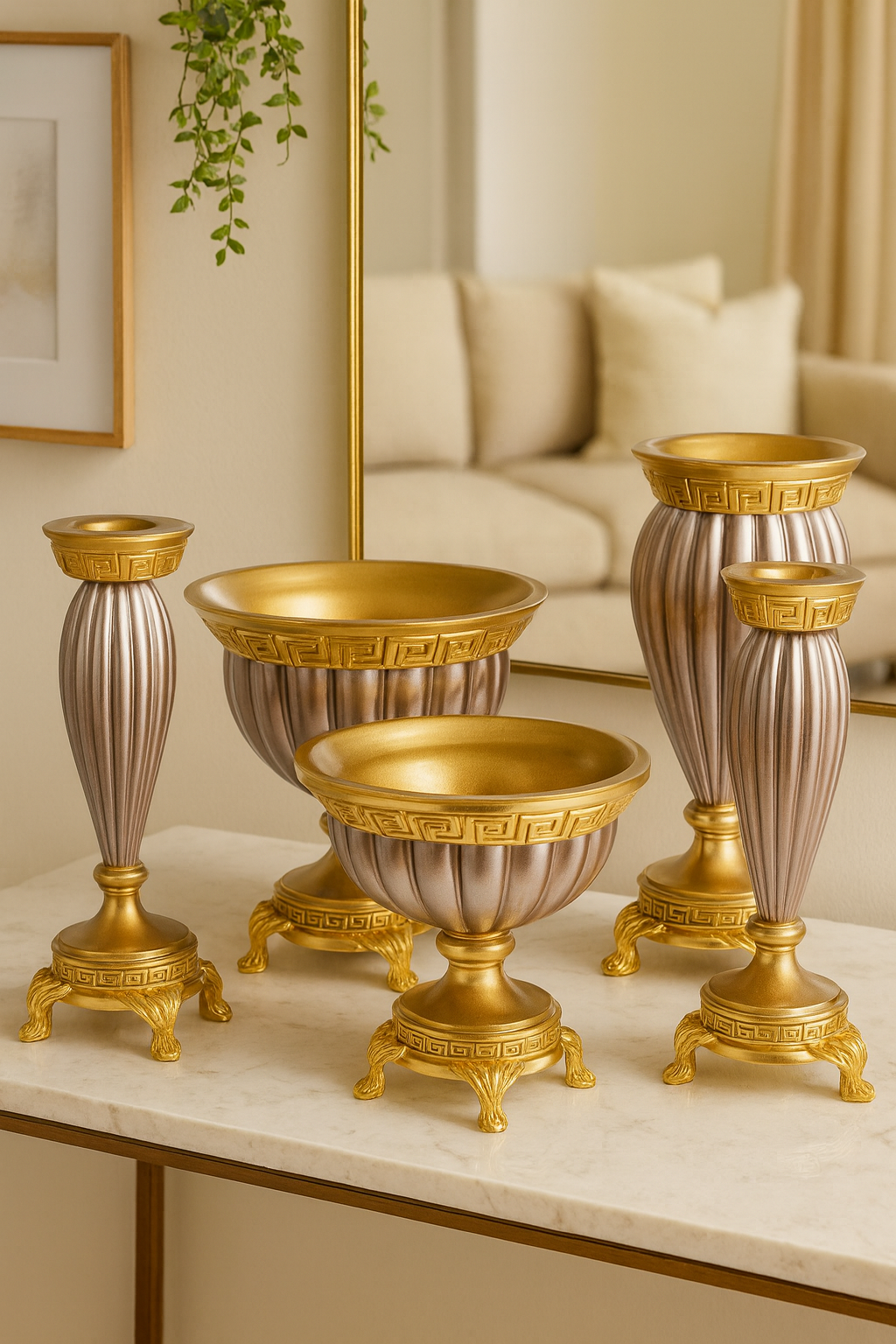 Gri Altın Polyester 5’li Salon Vazo Takımı