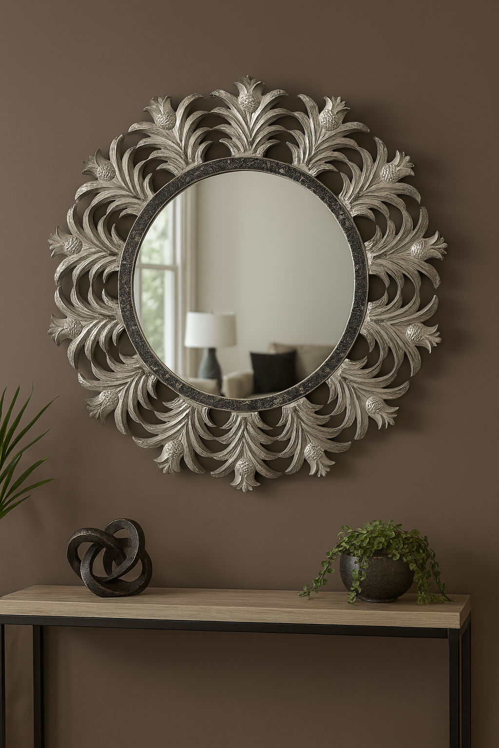 Ananas Desenli Yuvarlak Ayna Gümüş – 65x65 cm Dekoratif Duvar Aynası