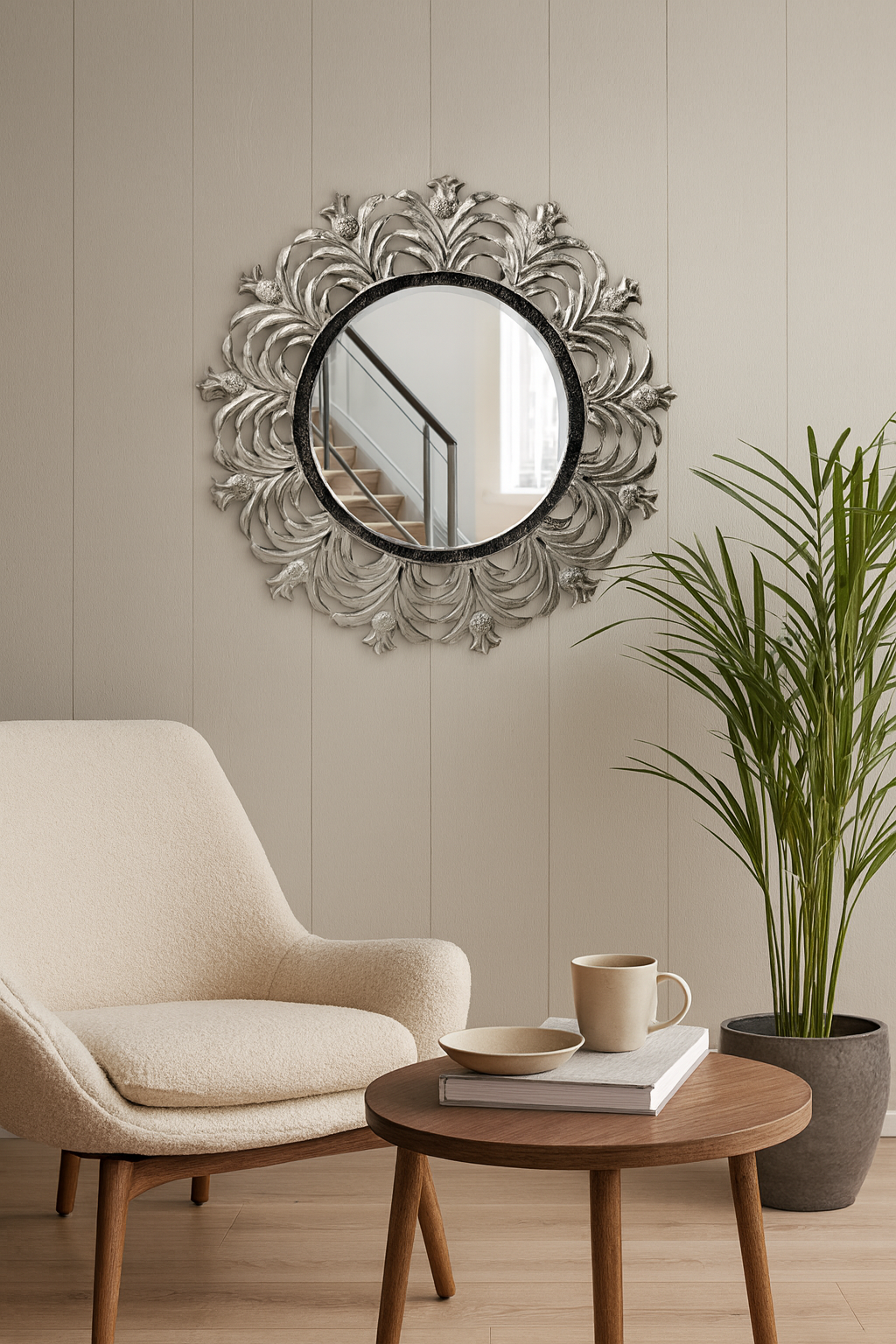 Ananas Desenli Yuvarlak Ayna Gümüş – 65x65 cm Dekoratif Duvar Aynası