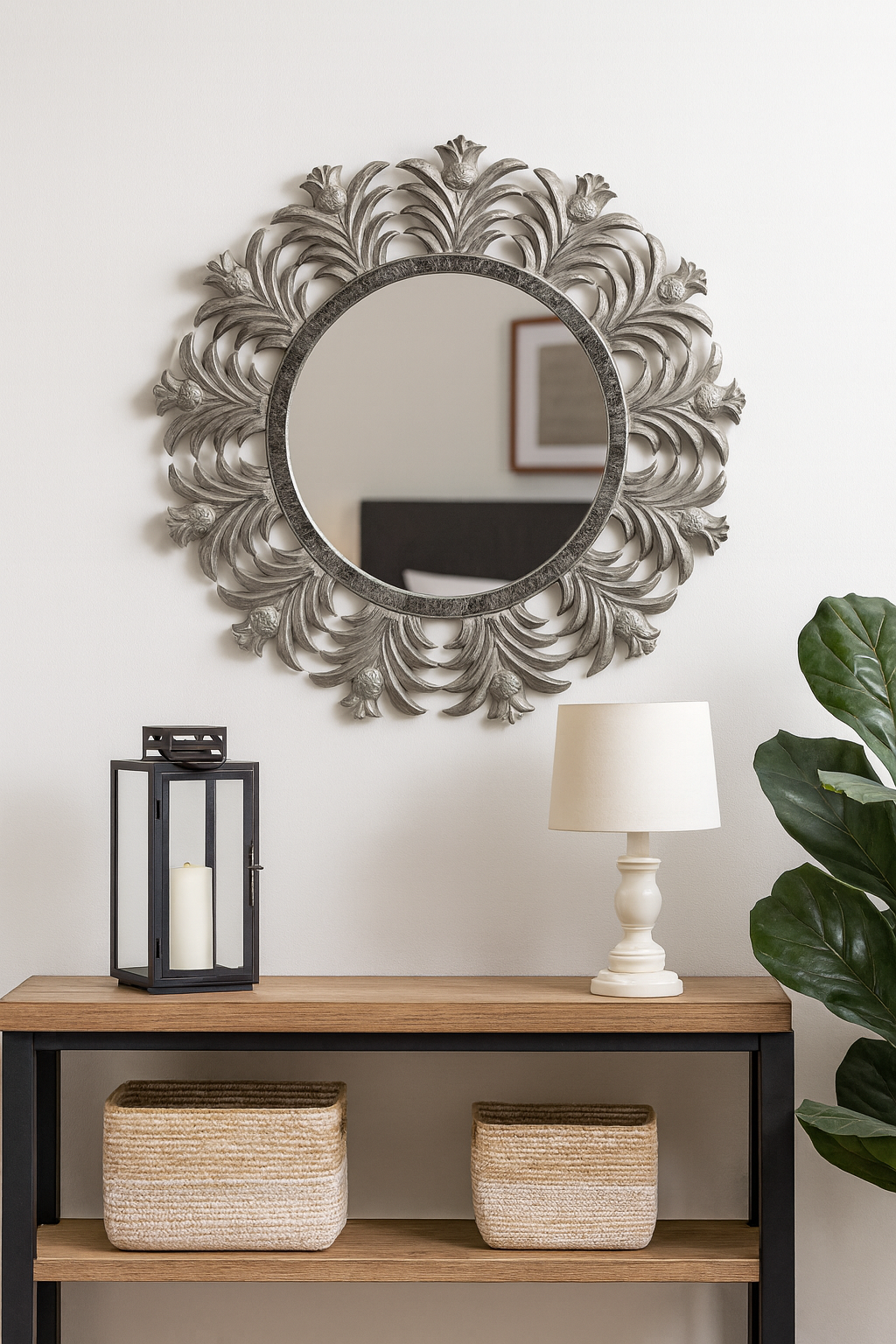 Ananas Desenli Yuvarlak Ayna Gümüş – 65x65 cm Dekoratif Duvar Aynası