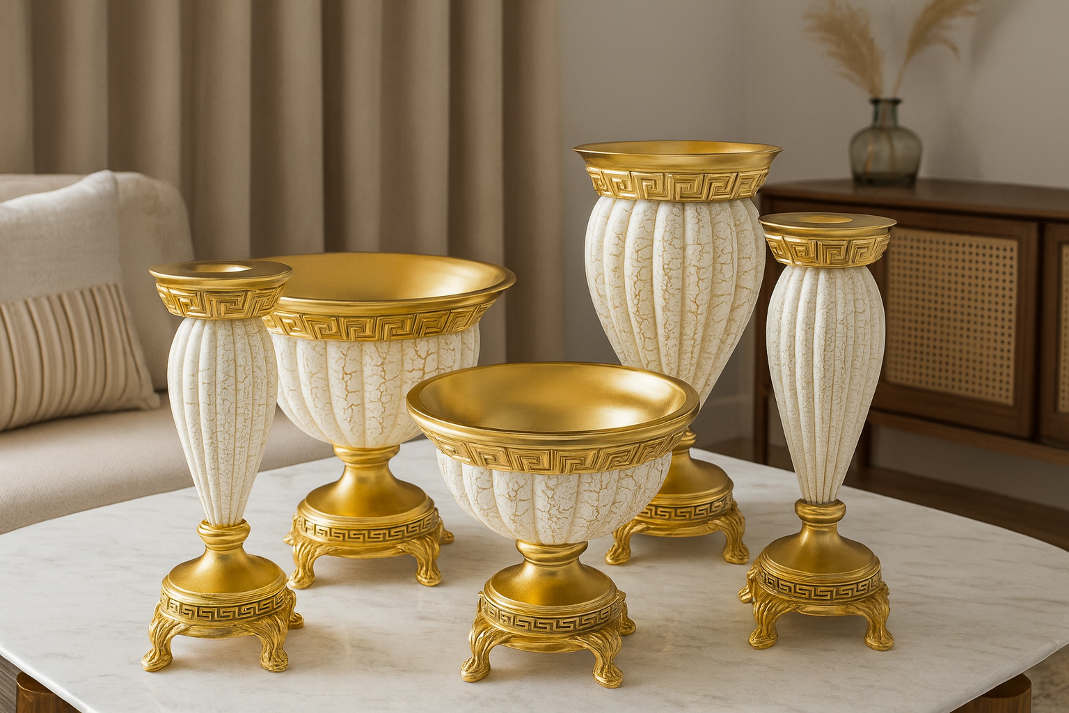 Krem Altın Polyester 5’li Salon Vazo Takımı