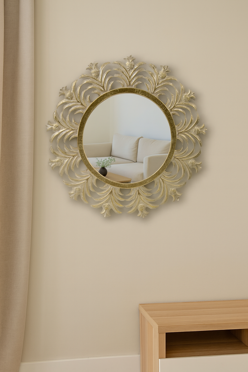 Ananas Desenli Yuvarlak Ayna Bronz – 65x65 cm Dekoratif Duvar Aynası