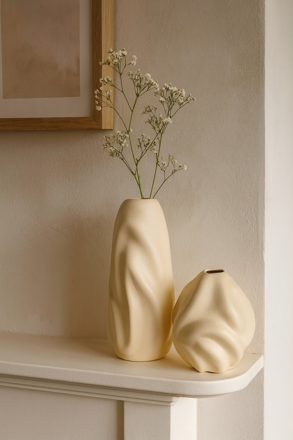 Seramik İkili Dalgalı Vazo Bej (K:18x16 – B:27x13 cm) Modern Dekoratif Set