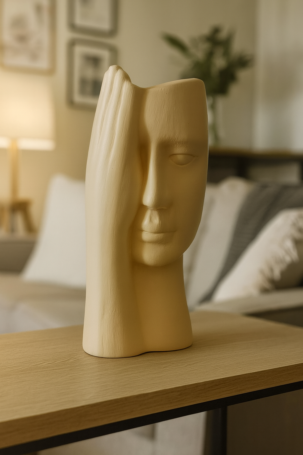 Seramik Eli Yüzünde Dekoratif Vazo – Modern Sanatsal Yüz Figürlü Biblo (25x14 cm)