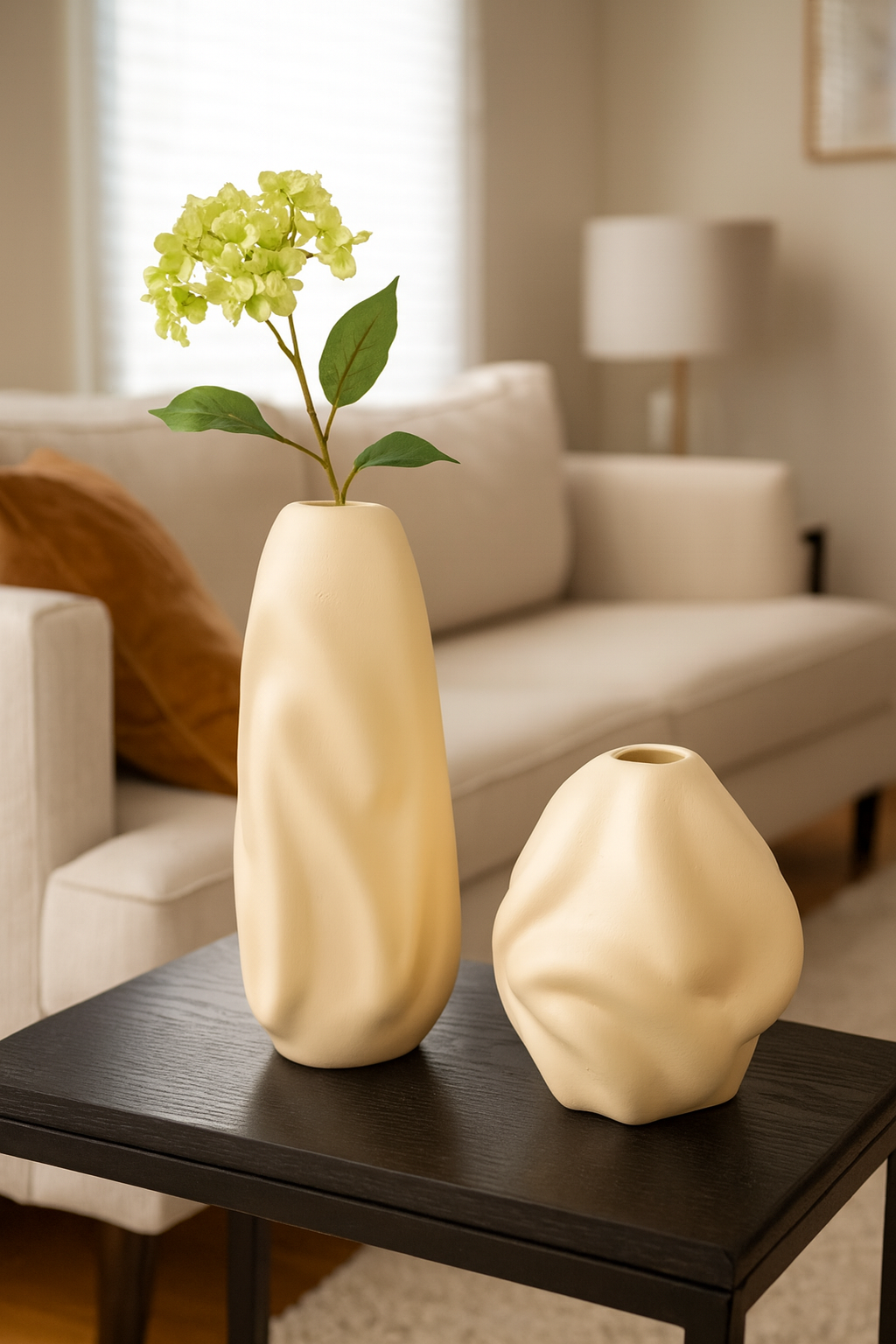 Seramik İkili Dalgalı Vazo Bej (K:18x16 – B:27x13 cm) Modern Dekoratif Set