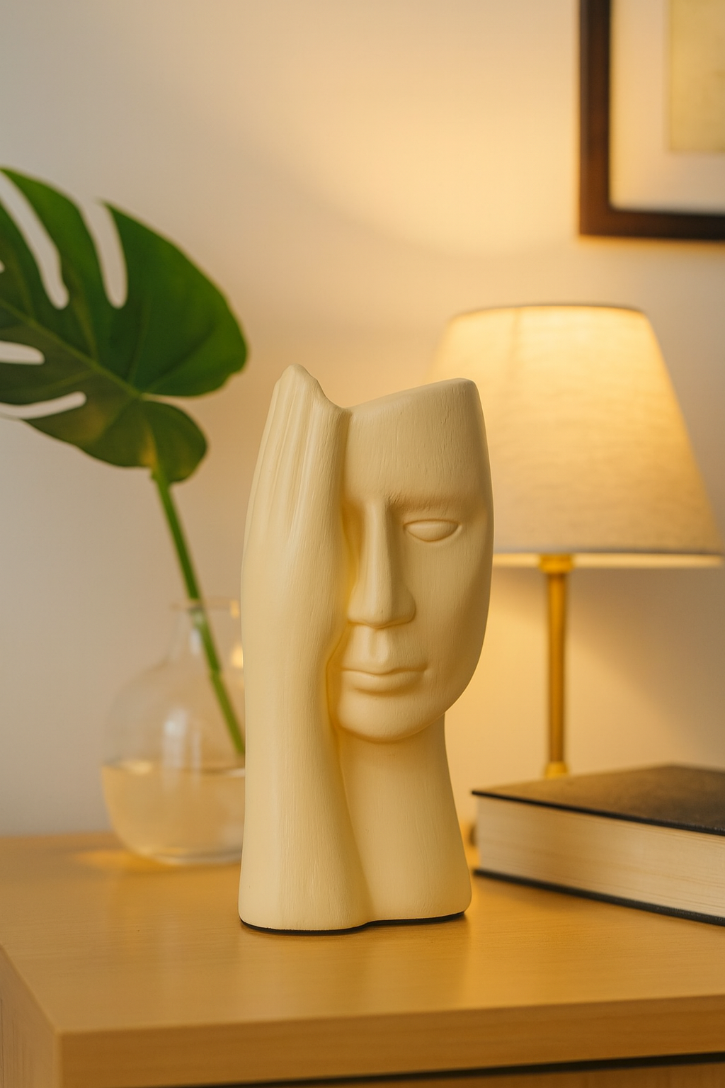 Seramik Eli Yüzünde Dekoratif Vazo – Modern Sanatsal Yüz Figürlü Biblo (25x14 cm)