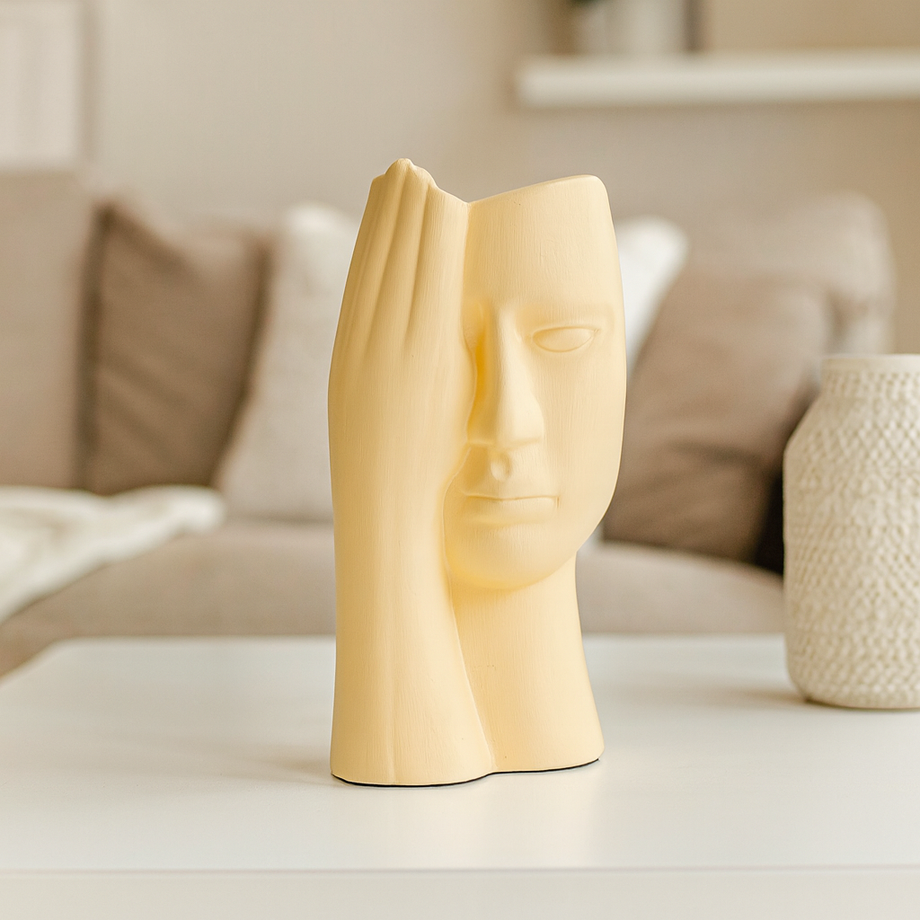 Seramik Eli Yüzünde Dekoratif Vazo – Modern Sanatsal Yüz Figürlü Biblo (25x14 cm)