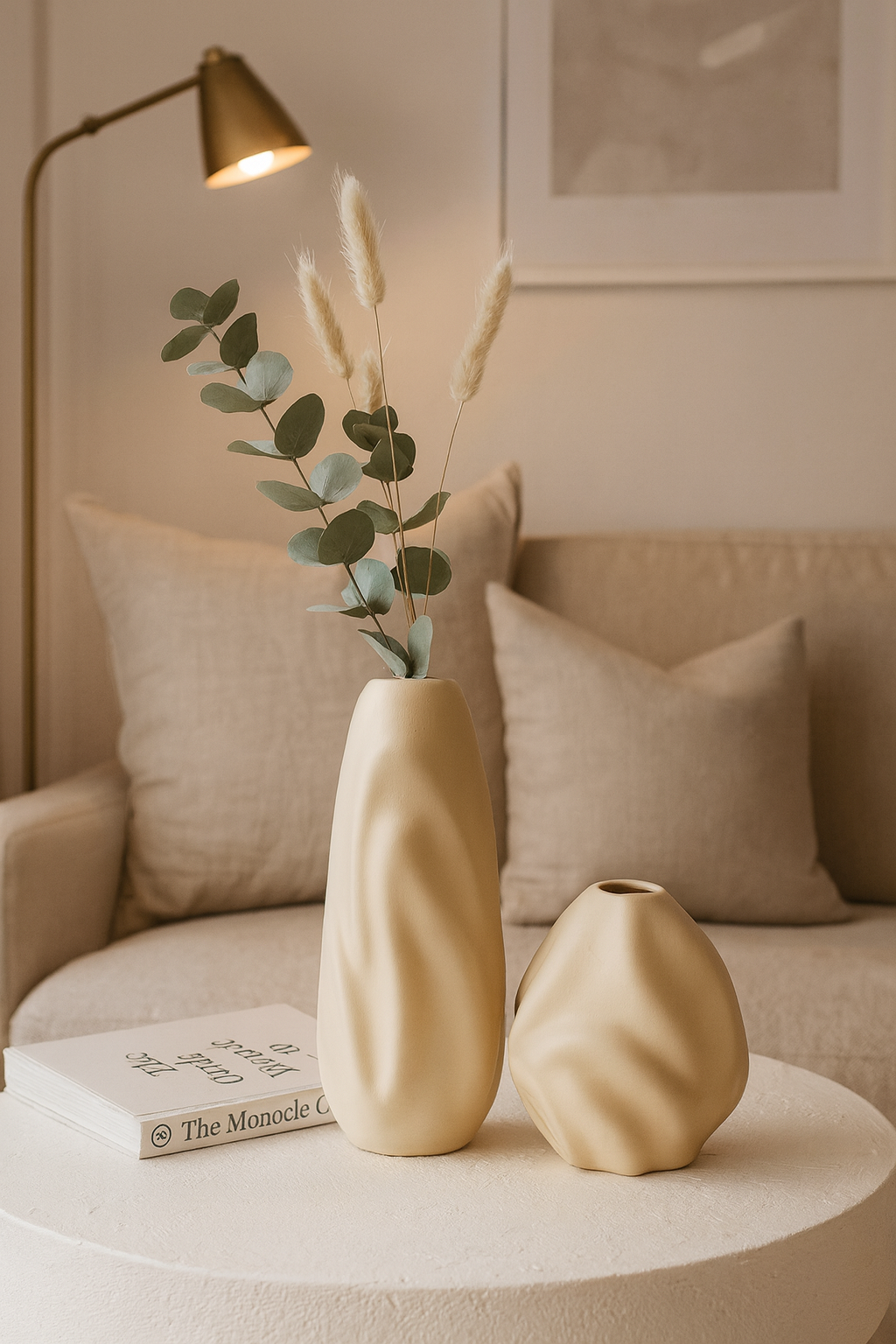 Seramik İkili Dalgalı Vazo Bej (K:18x16 – B:27x13 cm) Modern Dekoratif Set