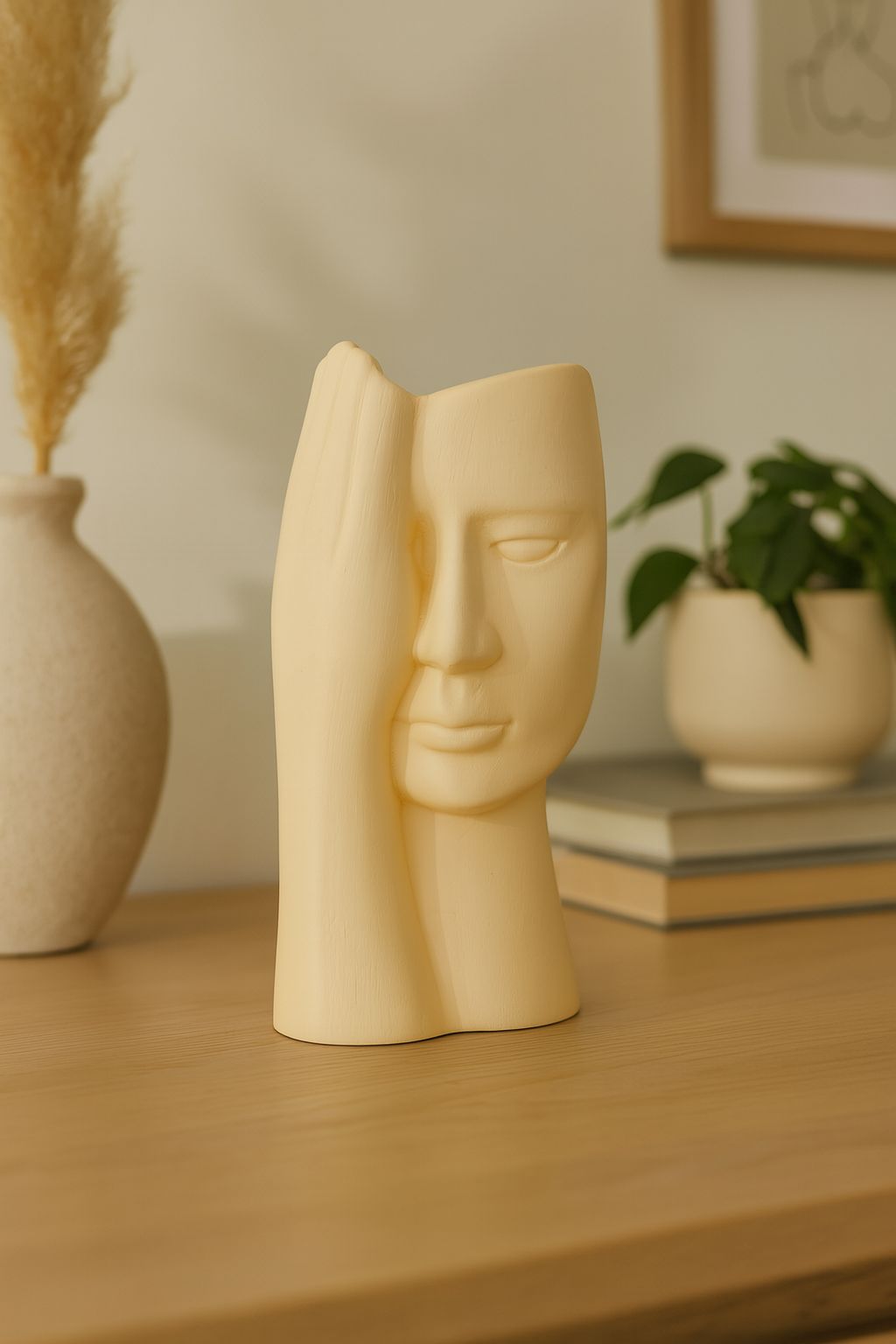 Seramik Eli Yüzünde Dekoratif Vazo – Modern Sanatsal Yüz Figürlü Biblo (25x14 cm)