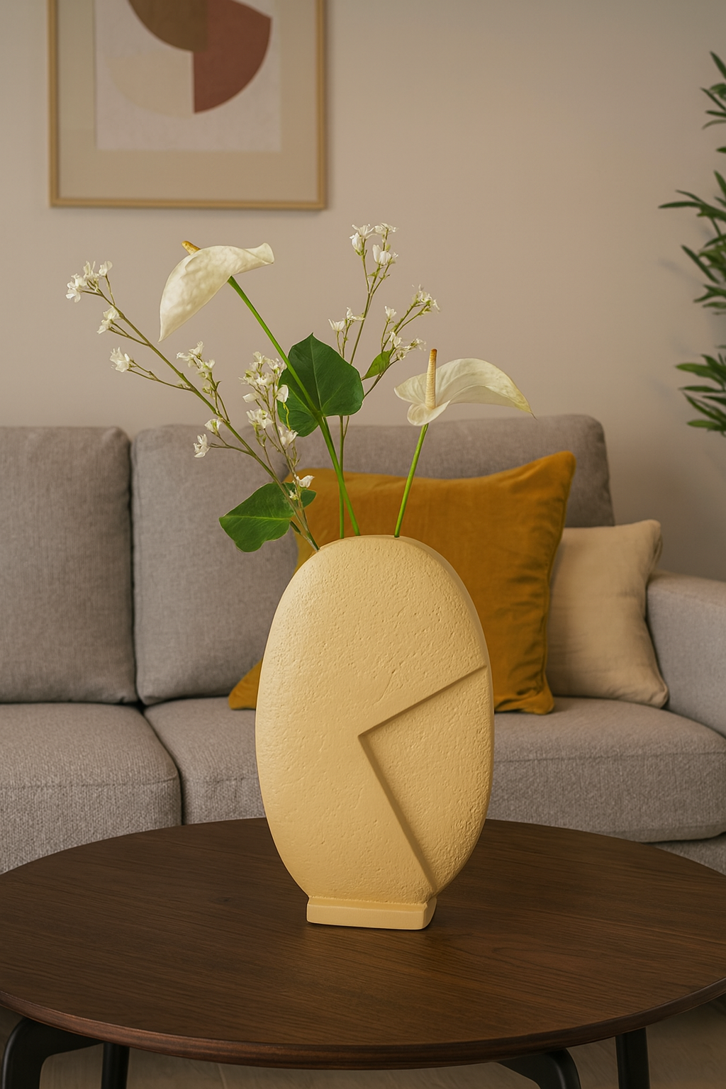 Seramik Taş Vazo Bej 37,5x23,5 cm Modern Dekoratif Vazo