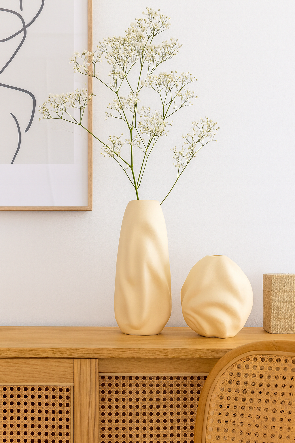 Seramik İkili Dalgalı Vazo Bej (K:18x16 – B:27x13 cm) Modern Dekoratif Set