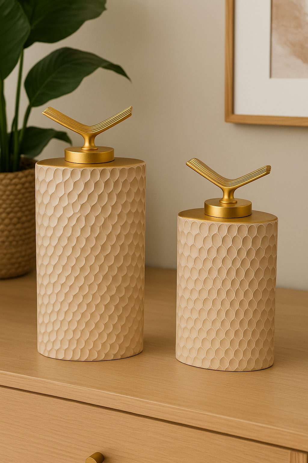 İkili Dikdörtgen Lüks Seramik Dekor Seti – Altın Kapaklı (39x18 & 45x20 cm)