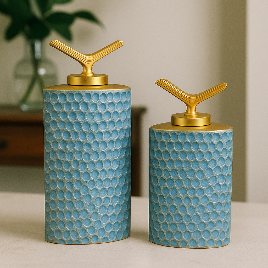 İkili Dikdörtgen Lüks Seramik Dekor Seti – Altın Kapaklı (39x18 & 45x20 cm)