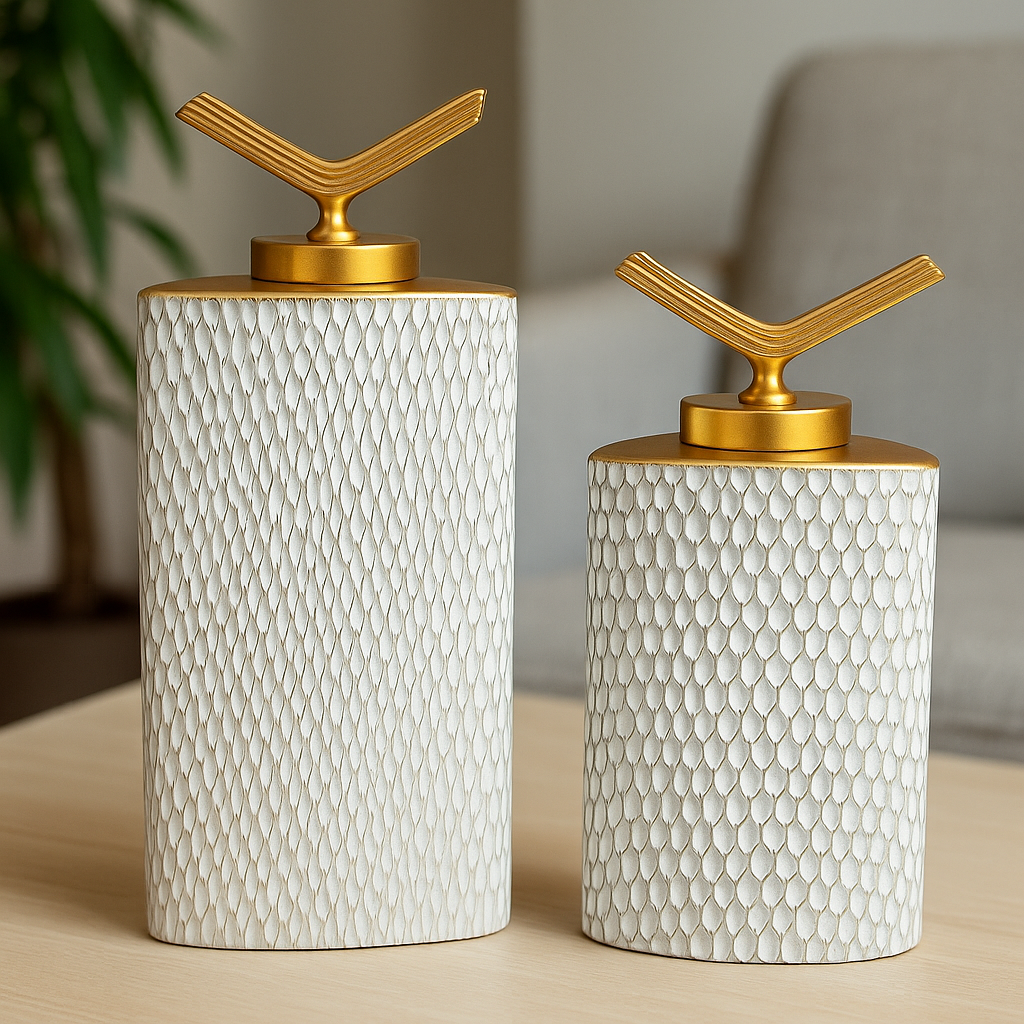 İkili Dikdörtgen Lüks Seramik Dekor Seti – Altın Kapaklı (39x18 & 45x20 cm)