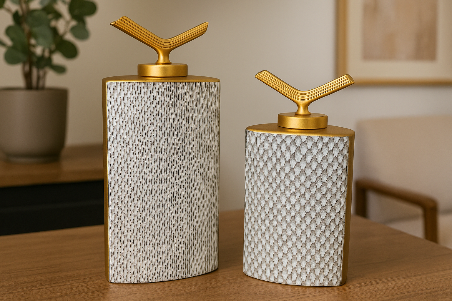 İkili Dikdörtgen Lüks Seramik Dekor Seti – Altın Kapaklı (39x18 & 45x20 cm)