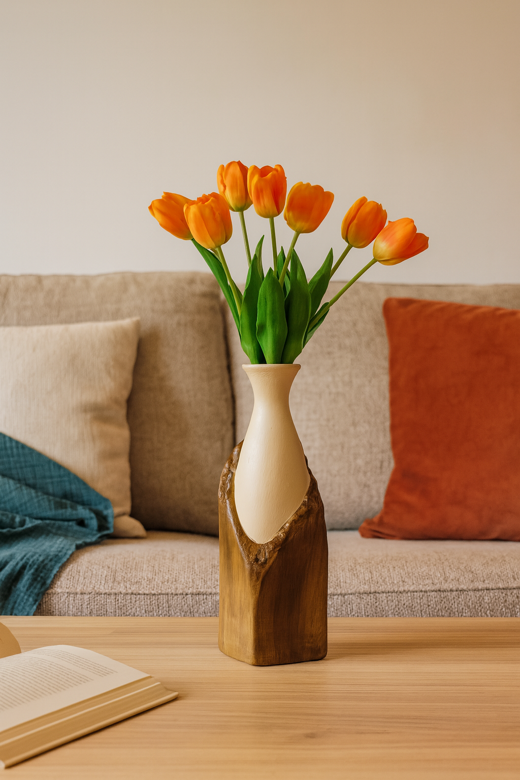 Seramik Büyük Begonvil Vazo 33×9 cm – Kahverengi & Bej