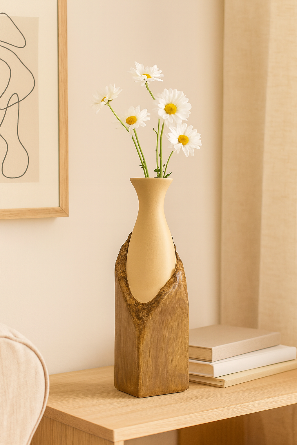 Seramik Büyük Begonvil Vazo 33×9 cm – Kahverengi & Bej