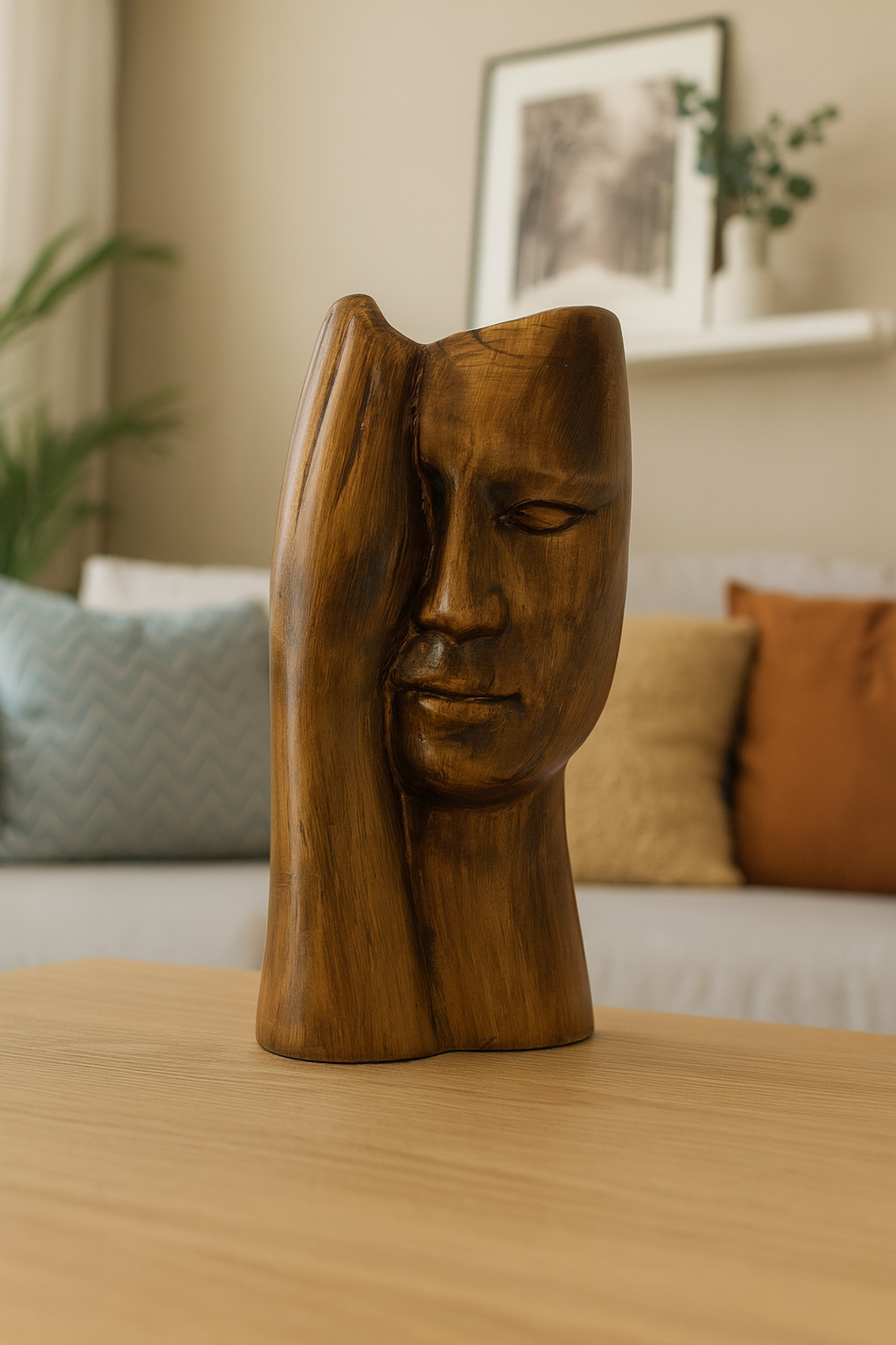 Seramik Eli Yüzünde Dekoratif Vazo – Modern Sanatsal Yüz Figürlü Biblo (25x14 cm)