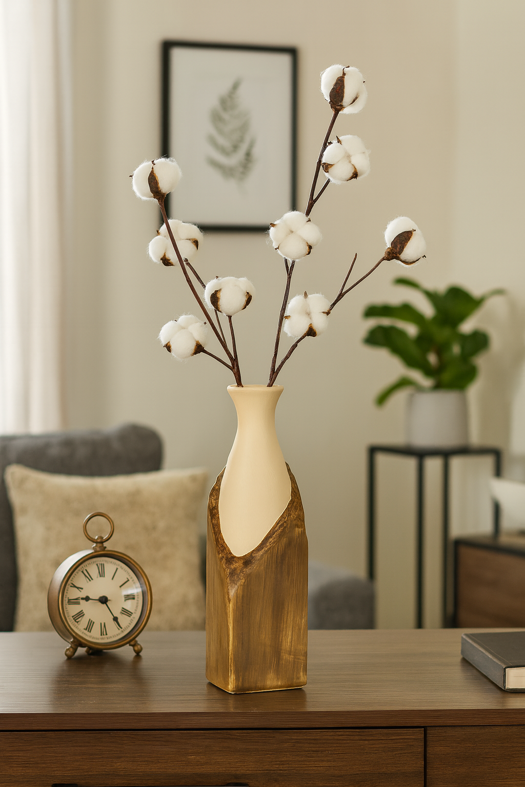 Seramik Büyük Begonvil Vazo 33×9 cm – Kahverengi & Bej