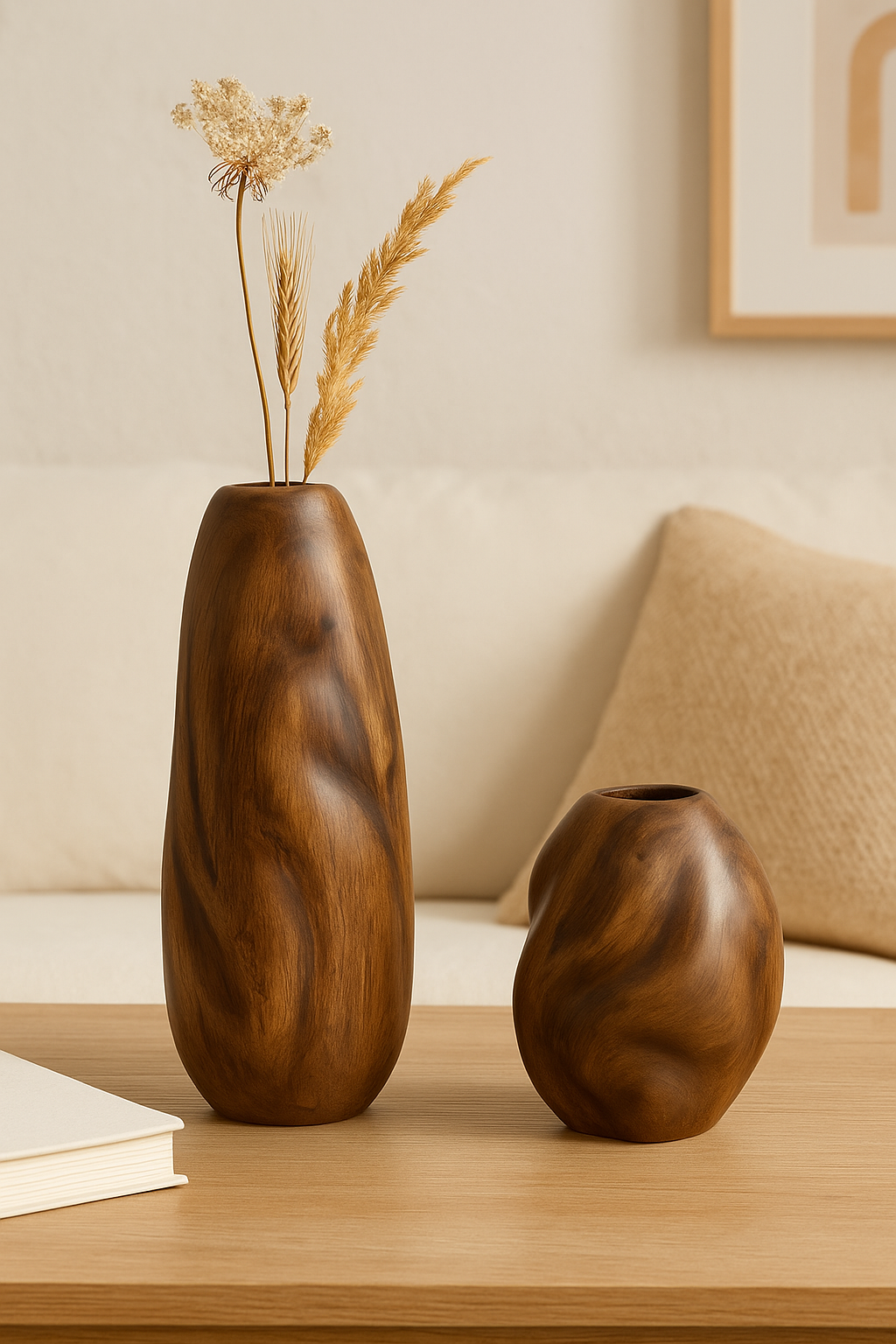 Seramik İkili Dalgalı Vazo Kahverengi (K:18x16 – B:27x13 cm) Rustik Dekoratif Set