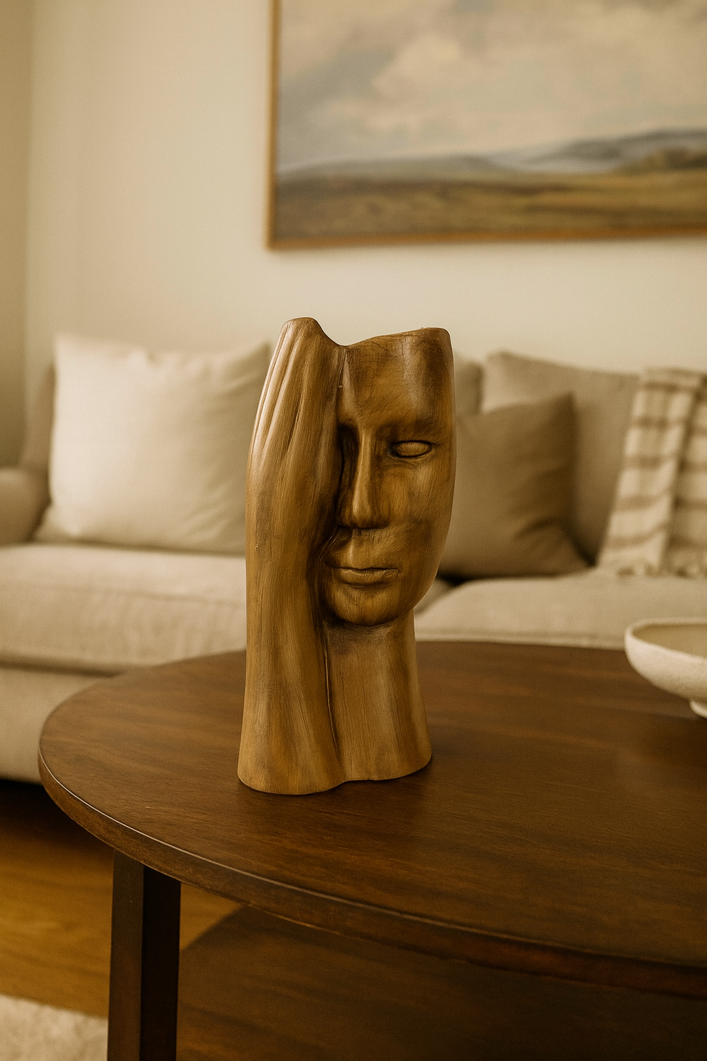 Seramik Eli Yüzünde Dekoratif Vazo – Modern Sanatsal Yüz Figürlü Biblo (25x14 cm)