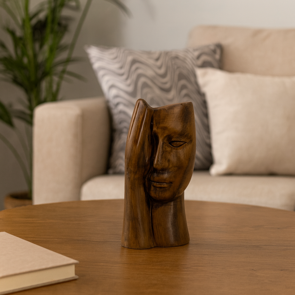 Seramik Eli Yüzünde Dekoratif Vazo – Modern Sanatsal Yüz Figürlü Biblo (25x14 cm)