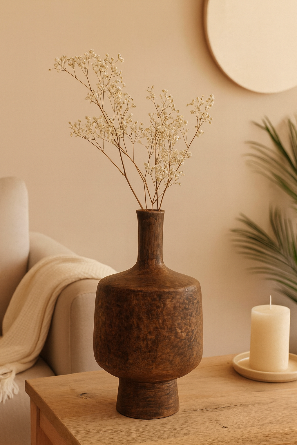 Seramik Case Vida Vazo Kahverengi 36,5x18 cm Rustik Modern Dekoratif Vazo