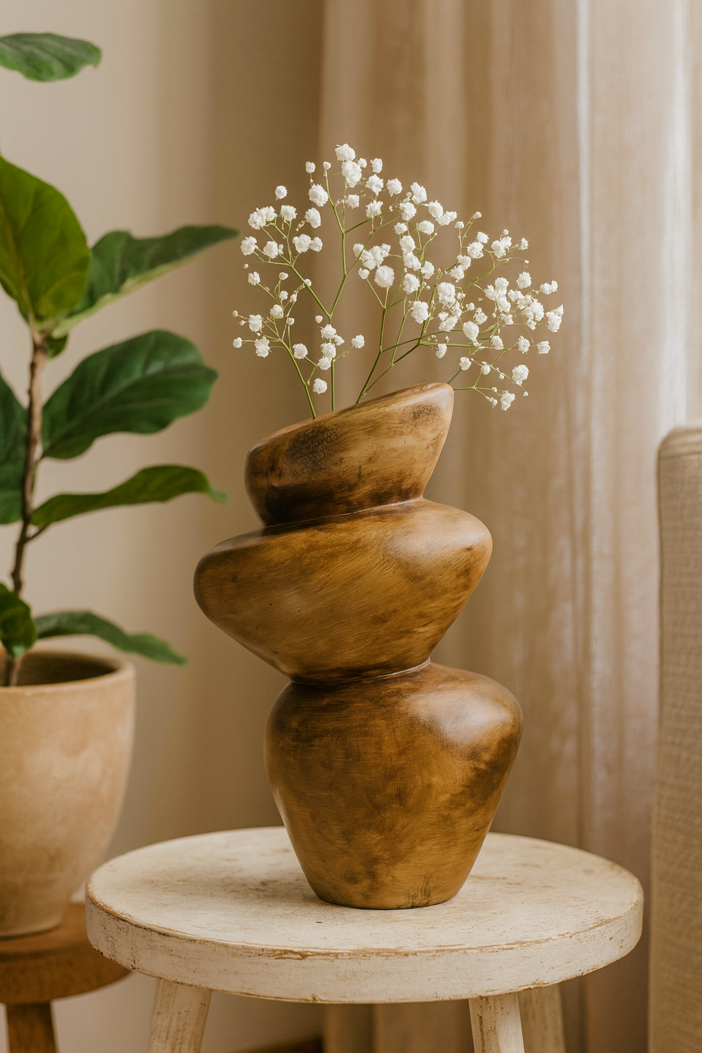 Seramik Üç Kat Vazo Kahverengi 26,5x19,5 cm Rustik Dekoratif Vazo