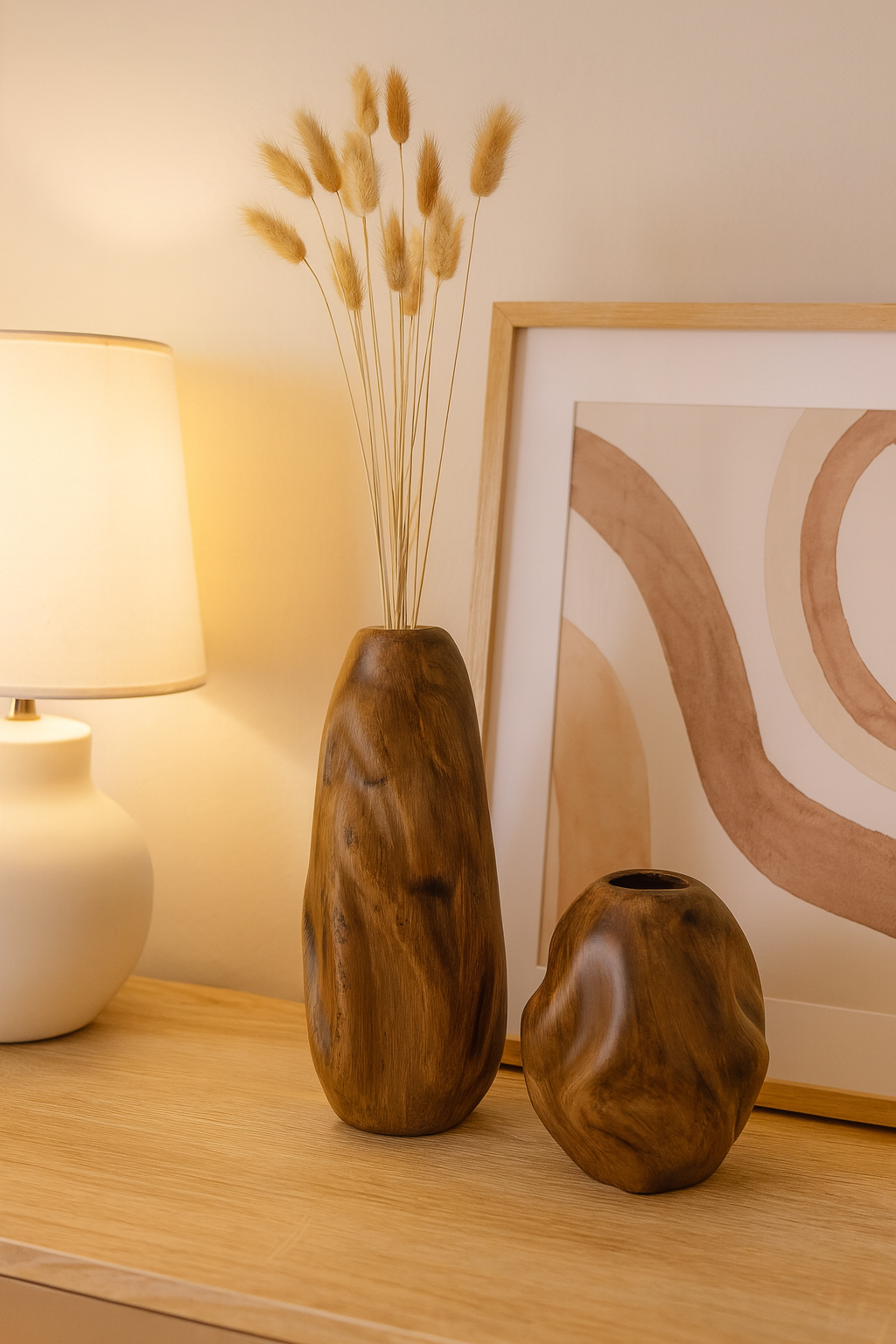 Seramik İkili Dalgalı Vazo Kahverengi (K:18x16 – B:27x13 cm) Rustik Dekoratif Set