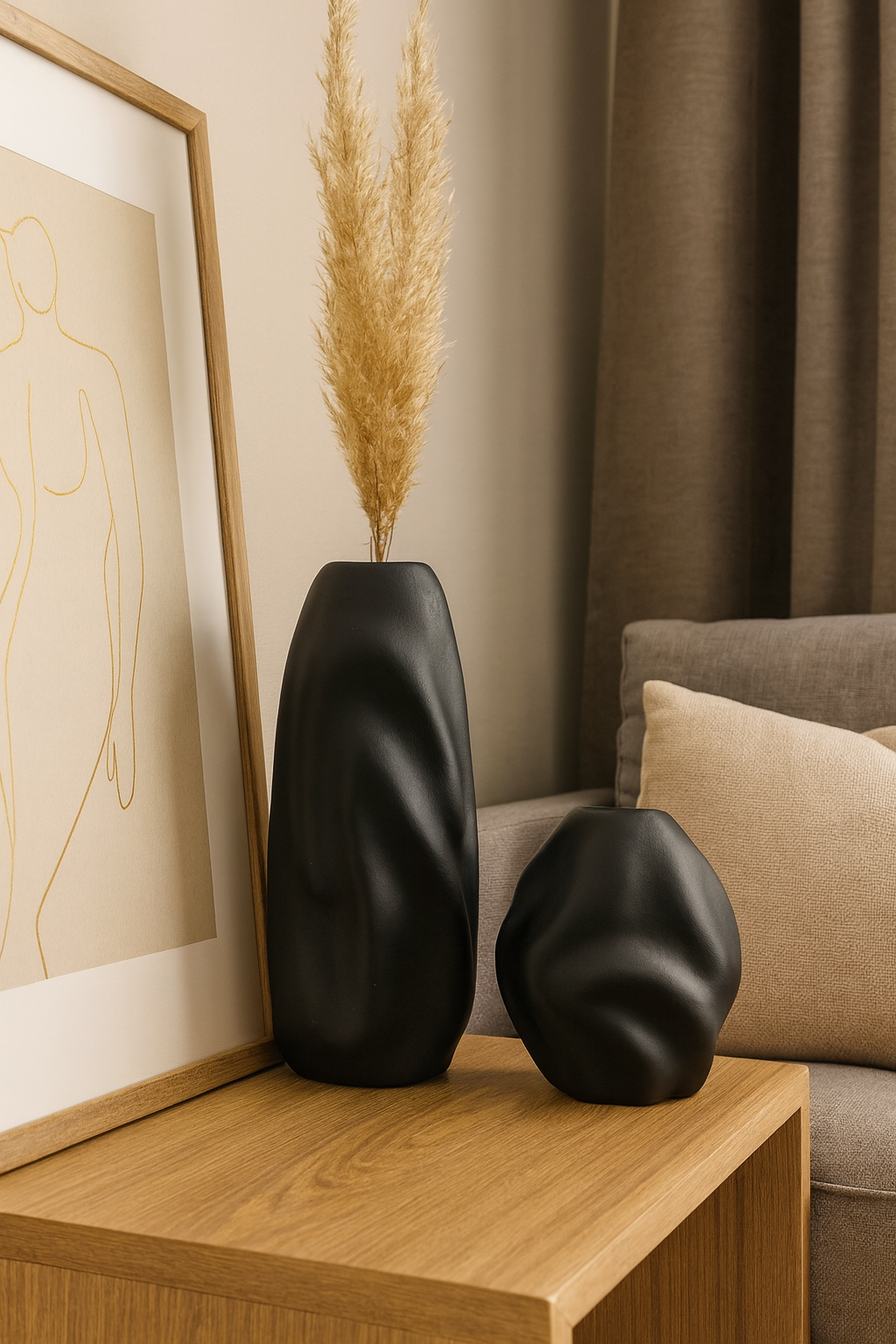 Seramik İkili Dalgalı Vazo Siyah (K:18x16 – B:27x13 cm) Minimal Modern Dekoratif Set