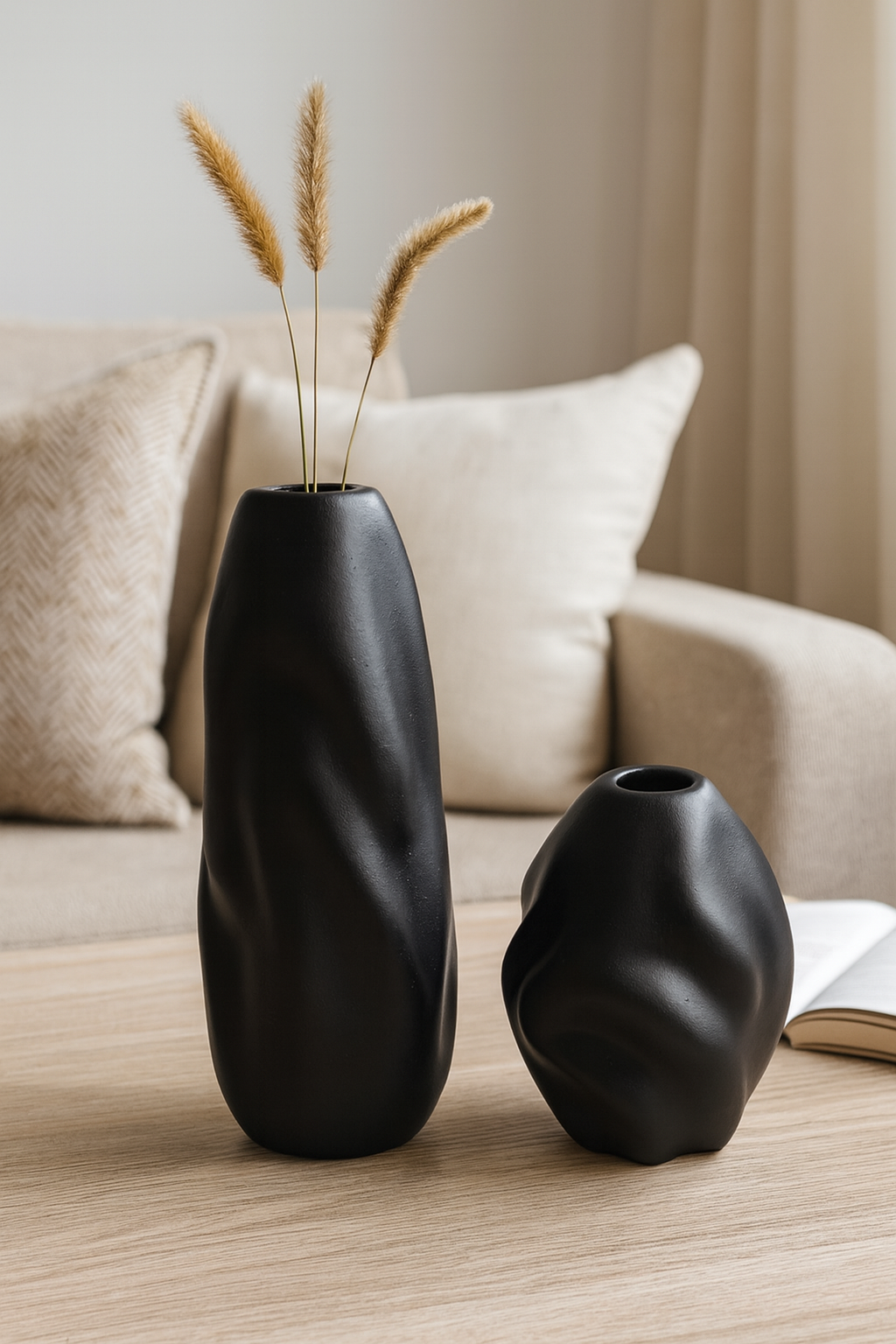 Seramik İkili Dalgalı Vazo Siyah (K:18x16 – B:27x13 cm) Minimal Modern Dekoratif Set