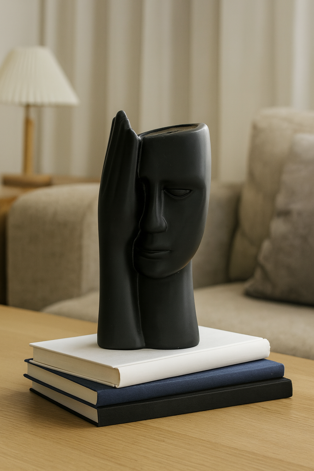 Seramik Eli Yüzünde Dekoratif Vazo – Modern Sanatsal Yüz Figürlü Biblo (25x14 cm)